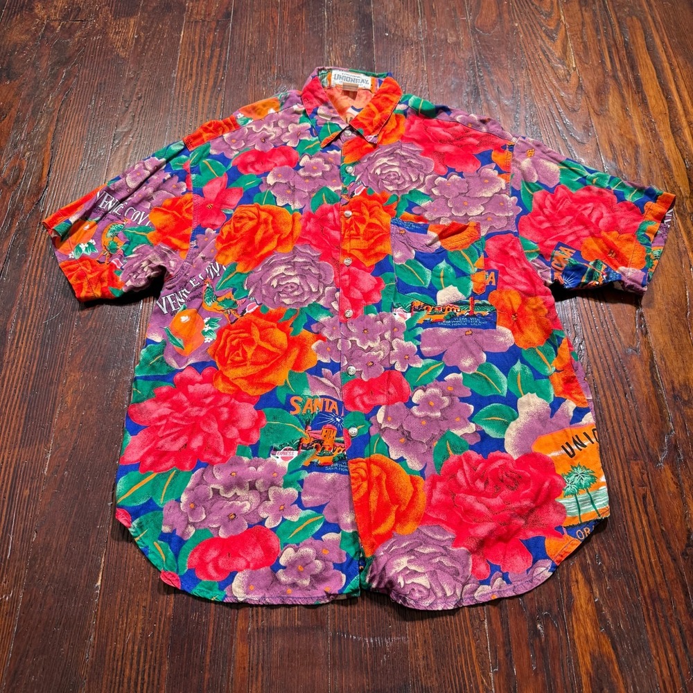 VINTAGE Unionbay Shirt Mens XL Hawaiian Hong Kong AOP Camp 100% Rayon Cali 90s - Picture 1 of 8